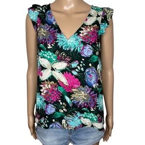 Vintage J. Crew Black Floral Print V-Neck Flutter Sleeve Tank Top Blouse
